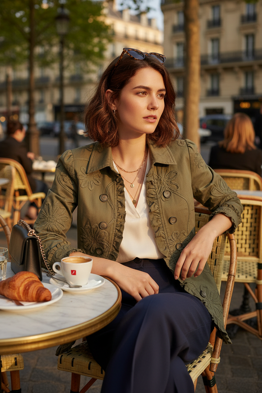 Veste femme brodée à volants vert kaki Aylvia