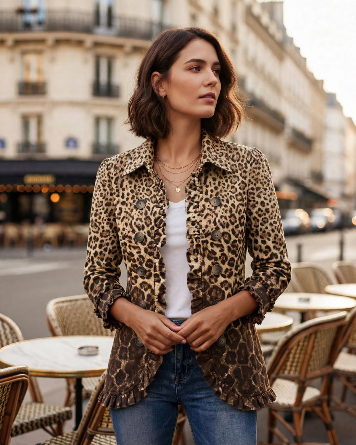 Veste femme brodée léopard sauvage à volants Aylvia