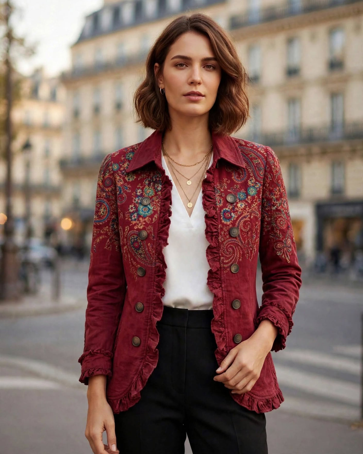 Veste femme brodée à volants rouge bohème Aylvia
