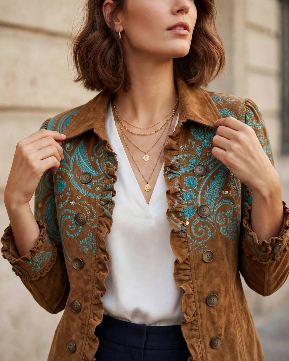 Veste femme brodée à volants marron bohème Aylvia